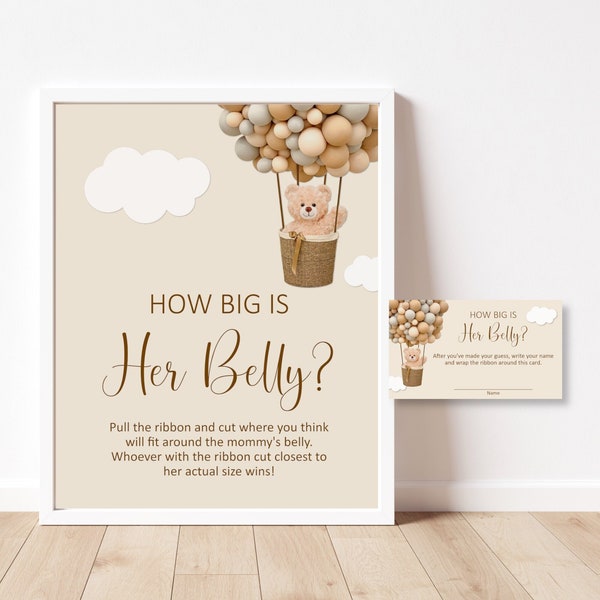 Brown Teddy Bear How Big Is Her Belly Game Hot Air Balloon We Can Bearly Wait Baby Shower Mommy's Belly Size Game Printable NOT Editable C14