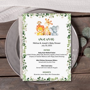 PERSONALIZADO Jungle Safari Menú Tarjeta Menú Signo Jungle Baby Shower Safari Cumpleaños Fiesta Menú Imprimible 0128
