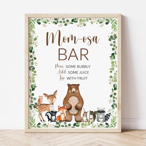 Mom-osa Bar Sign Woodland Baby Shower Mimosa Bar Sign Greenery Woodland Animals Forest Baby Shower Decor stampabile NON modificabile 0120