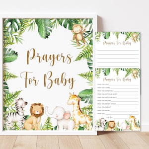 Cartes de prières pour bébé Shower de bébé dans la jungle Safari activité de baby shower Animaux de la jungle Cartes de conseils pour bébés imprimables, NON modifiables 0127