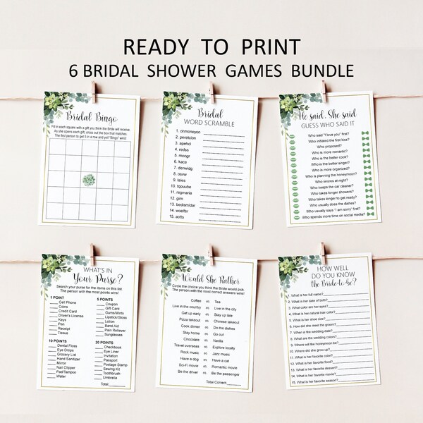 Succulent Bridal Shower Game Bundle Games Package Printable Greenery Eucalyptus Gold and Green Leaves NOT Editable B84