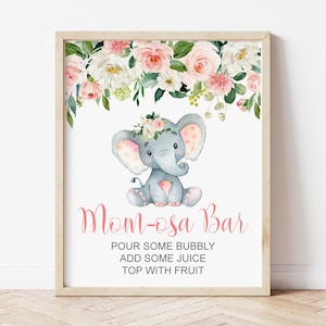 Momosa Bar Sign Elephant Baby Shower Mimosa Bar Mom-osa Bar Sign Printable Pink Elephant Baby Shower Drink Station Sign NOT Editable 0121