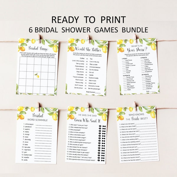 Lemon Bridal Shower Games Printable Citrus Lemon Theme Bridal Shower Wedding Shower Game Bundle NOT Editable B5