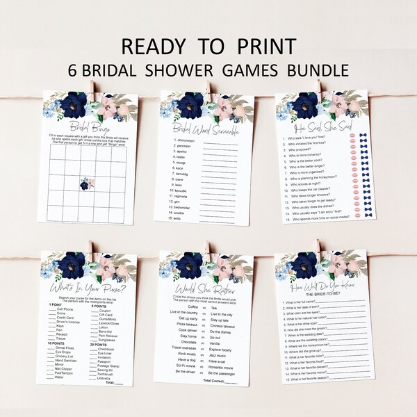 Navy Blue and Blush Pink Bridal Shower Games Bundle Couples Shower Games Printable NOT Editable B16