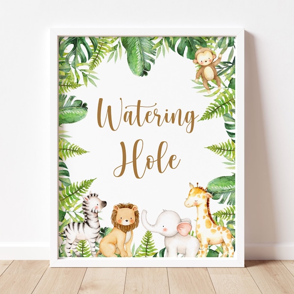 Watering Hole Sign Jungle Safari Animals Wild One Zoo Baby Shower Birthday Sign Drinks Table Sign Printable NOT Editable A95 C94