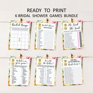 Tropical Bridal Shower Game Bundle Games Package Wedding Shower Games Printable Tropical Floral Gold Pineapple NOT Editable B74