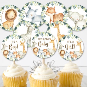Safari Jungle Animals Baby Shower Cupcake Topper, Wild One Baby Shower Printable 0129