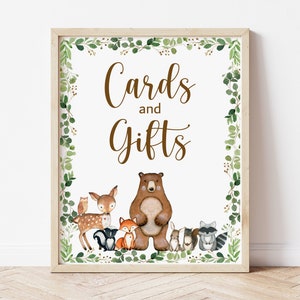 Cards and Gifts Sign Woodland Animals Greenery Woodland Baby Shower Birthday Forest Animals Table Sign Printable NOT Editable 0120