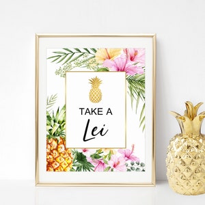 Letrero "Toma un lei" para fiesta hawaiana, decoración para cumpleaños, despedida de soltera, baby shower, imprimible, piña A76 B74 C74