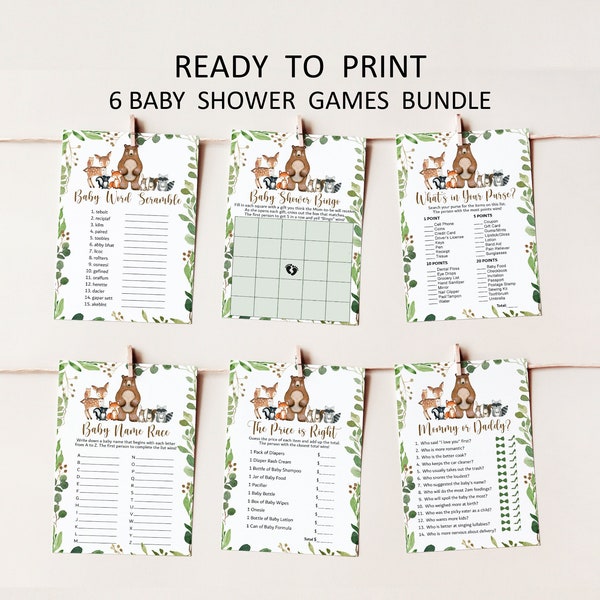 Woodland Baby Shower Games Bundle Woodland Animals Baby Shower Games Greenery Forest Baby Shower Game Printable NOT Editable 0120