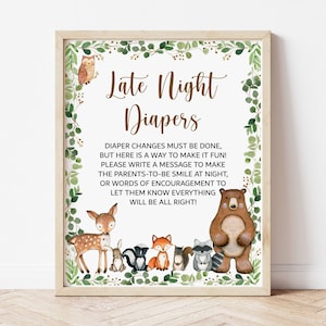 Late Night Diapers Sign Woodland Baby Shower Sign Greenery Woodland Animals Baby Shower Activity Game Sign Printable NOT Editable 0120