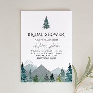 Mountains Bridal Shower Invitation Outdoor Theme Forest Trees Adventure Mountain Bridal Shower Wedding Shower Personalized Invitation B96 image 1