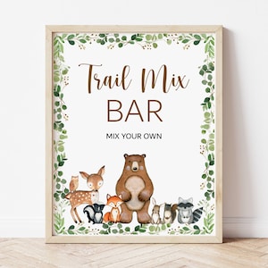 Trail Mix Bar Sign Animali del bosco Verde Foresta del bosco Baby Shower Decor Decorazione di compleanno del bosco Stampabile NON modificabile 0120