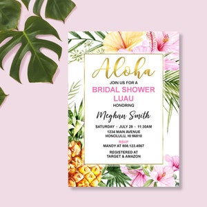 Luau Bridal Shower Invitation Hawaiian Bridal Shower Tropical Floral Hibiscus Pineapple Custom Printable Invite Digital File B74 image 2