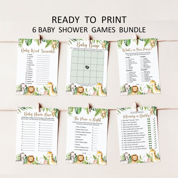 Jungle Baby Shower Games Printable Cute Safari Animals Baby Shower Game Bundle Tropical Gender Neutral NOT Editable C94