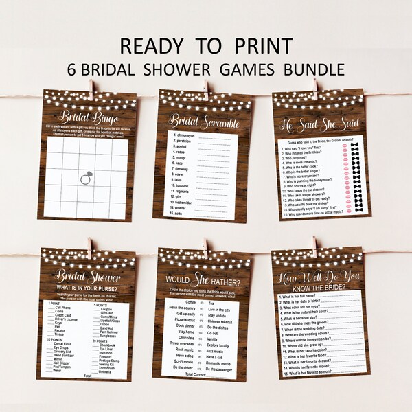 Rustic Bridal Shower Game Bundle Country Wedding Couples Shower Games Printable Wood String Lights NOT Editable A74 B62 B63 B64 B67 B68