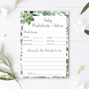 Prédictions et conseils pour bébé de verdure succulente Jeu de cartes de conseils pour baby shower, feuilles vertes d'eucalyptus imprimables non modifiables C91