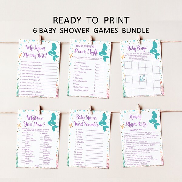 Mermaid Baby Shower Games Bundle Printable Under The Sea Baby Shower Games Package Purple & Teal 6 Games Printable NOT Editable C71