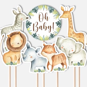 IMPRIMIBLE Safari Jungle Animals Centros de mesa Recorte Pañal Pastel Baby Shower Mesa Decoraciones Oh Baby Cake Topper NO Editable 0129