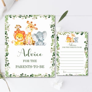 Cartes de conseils pour baby shower dans la jungle Conseils de baby shower safari pour les futurs parents Panneau et cartes imprimables, non modifiables 0128