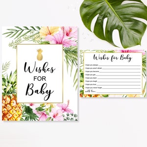 Deseos para bebé Actividad para baby shower tropical Tarjetas de deseos imprimibles y letrero Baby Shower hawaiano luau NO editable C74
