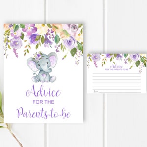 Cartões de conselhos para chá de bebê, elefante, conselhos para chá de bebê para os pais serem elefante roxo, não editável c67