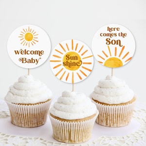 Sun Baby Shower Cupcake Toppers Here Comes The Son You Are My Sunshine Boho Sunshine Retro Baby Shower Decor Printable NOT Editable 0118