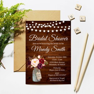 Rustic Bridal Shower Invitation Burgundy Bridal Shower Mason Jar Floral Wood Lights Printable Invitation B64