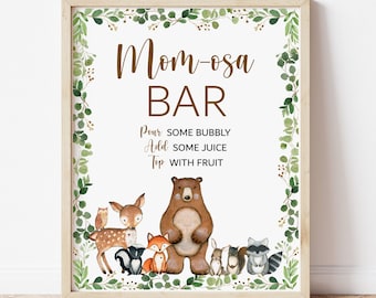 Mom-osa Bar Sign Woodland Baby Shower Mimosa Bar Sign Greenery Woodland Animals Forest Baby Shower Decor Printable  0120