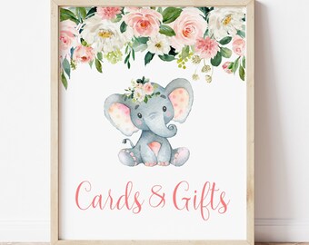 Elephant Gifts Table Sign Printable Gifts & Cards Sign Pink Elephant Baby Shower Blush Floral Birthday Sign   0121