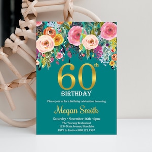 60th Birthday Invitation Women Birthday Invite Colorful Wildflowers Gold Foil Custom Invitation Printable Digital File A15