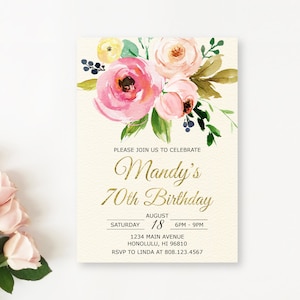 70th Birthday Invitation For Women Pink Floral Birthday Invitation Gold Foil Custom Printable Invite Digital File A32