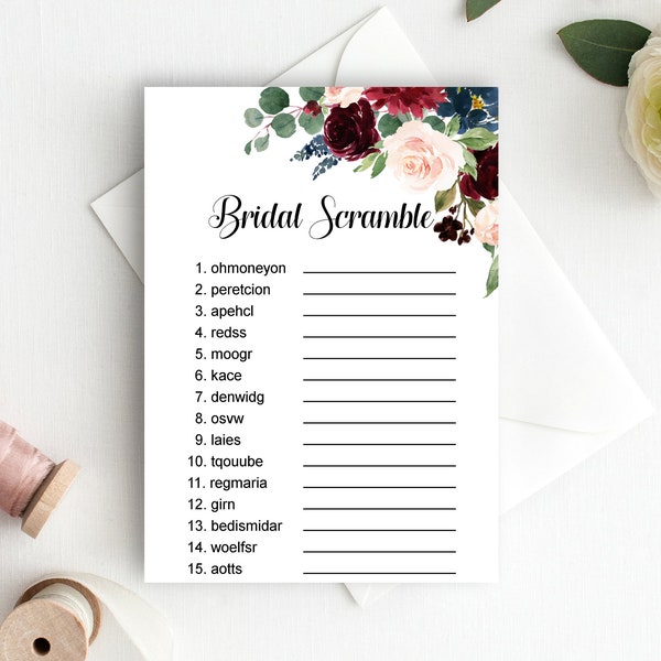 Bridal Word Scramble Game Burgundy Blush Bridal Shower Game Unscramble Words Game Printable NOT Editable B81