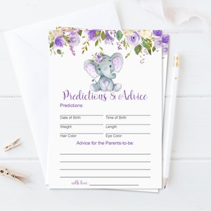 Tarjetas con predicciones y consejos para el nacimiento de un elefante morado Juego para baby shower con elefantes imprimible NO editable C67