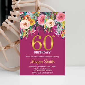 60th Birthday Invitation for Women Surprise Birthday Invitation Gold Wildflowers Floral Personalized Printable Invitation A15