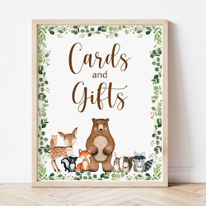 Cartello con biglietti e regali, animali del bosco, verde, baby shower, compleanno, animali della foresta, cartello da tavolo, stampabile, NON modificabile 0120