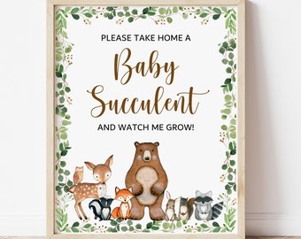 Woodland Animals Baby Succulent Watch Me Grown Sign, Woodland Baby Shower Favor Sign Printable 0120