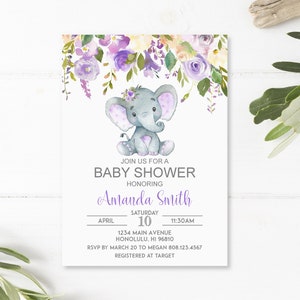 Custom Purple Elephant Baby Shower Invitation Girl Little Peanut Baby Shower Invite Digital File C67