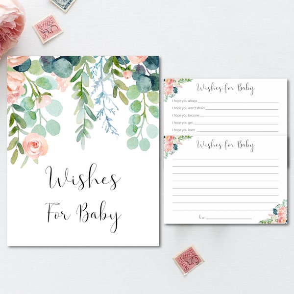 Wishes for Baby Card and Sign Baby Wishing Well Cards Greenery Baby Shower Boho  Eucalyptus Floral Printable NOT Editable C73