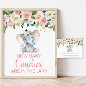 Raten Sie, wie viele Süßigkeiten im Glas sind Elefant-Babyparty-Spiel Blush Pink Floral Candy Guessing Game Printable NICHT bearbeitbar 0121