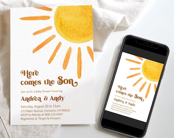 Custom Here Comes The Son Baby Shower Invitation - Retro Boho Sunshine Printable 0118