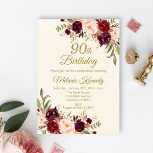 CUSTOM Women&#39;s Birthday Invitation – Printable Floral Burgundy and Gold Party Invite, Any Age A38