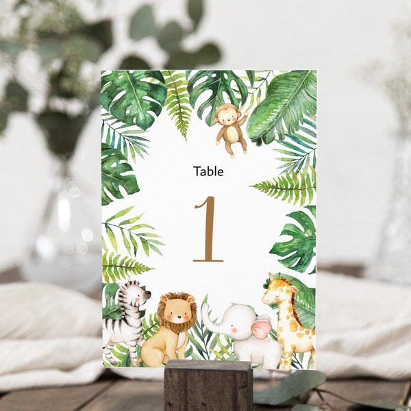 Tischnummer Karten Dschungel Safari Tiere Druckbare Tischnummern 1-20 Babyparty Geburtstag Tischnummer Zeichen 13x18 NICHT Bearbeitbar A95 C94