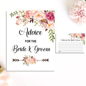 Conseils pour les mariés Boho Pink Floral Bridal Shower Conseils pour les cartes de conseils de douche de couples de jeunes mariés NON modifiables B54