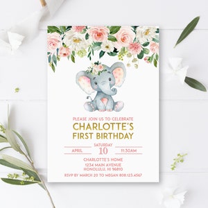 Elephant Birthday Invitation Pink Elephant Girl Birthday Party Invite Personalized Printable Invitation 0121