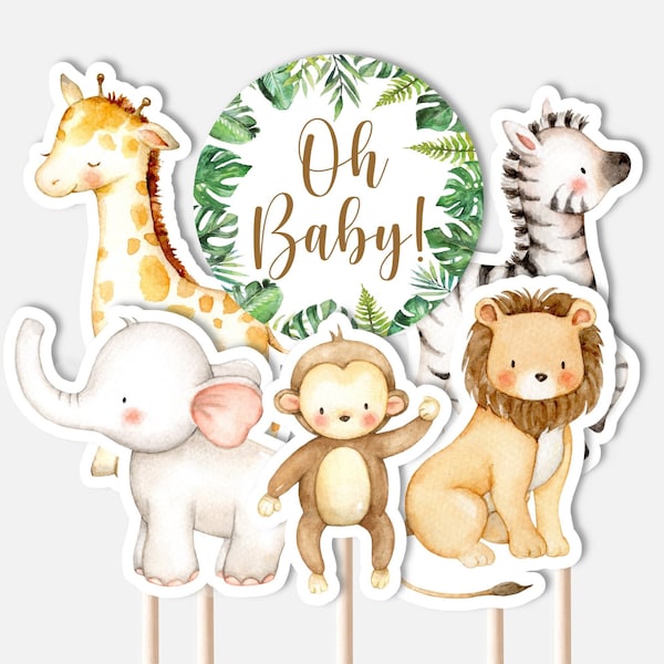 IMPRIMABLE centres de table Jungle Baby Shower Safari Baby Shower Decor Décorations pour gâteau de couches Oh Baby Cake Topper NON modifiable C94