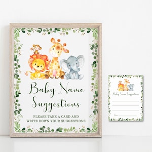Baby Namen Vorschläge Karten Dschungel-Babyparty Safari Tiere Baby Shower Aktivität Spiel Printable NICHT bearbeitbar 0128