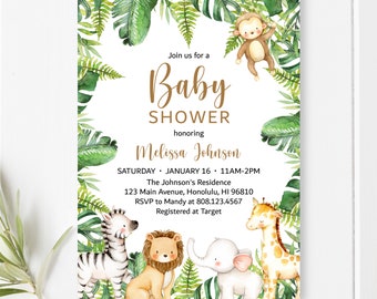 Custom Safari Baby Shower Invitation, Jungle Animals Wild One Baby Shower Invite Printable 0127