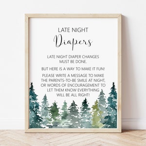 Late Night Diapers Sign Diaper Thoughts Mountains Trees Woodland Rustic Winter Baby Shower Sign Game Activity Printable NOT Editable C90