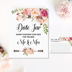 Pink Floral Bridal Shower Date Night Cards Printable Date Jar Bohemian Bridal Shower Activity NOT Editable B54